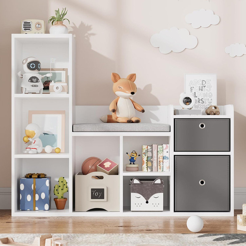 White bookcase with orders toy box